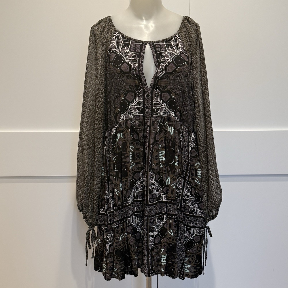 Free People Oksana Peasant Mini Dress Black Bohemian Sheer Sleeve Festival Sz 12